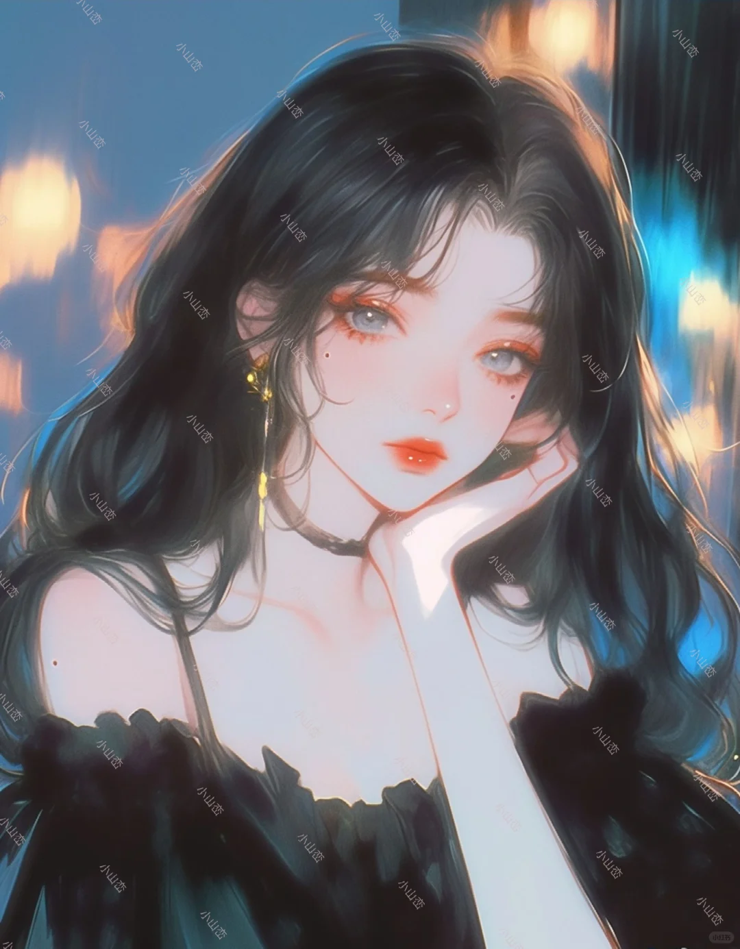 手绘水彩简笔画少女人物插画_美女头像真人背影