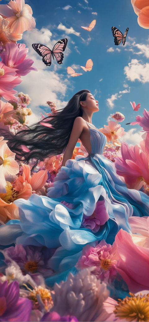 赤脚的女人穿着飞天的衣服在草地后面的背景里_美女图片微信头像背影