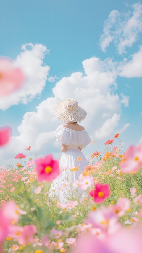 植物系列写实蓝天下花海与人图片_美女壁纸锁屏